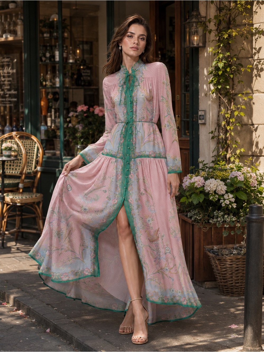 Zimmermann Pink Maxi Dress with Green Trim and Floral Print